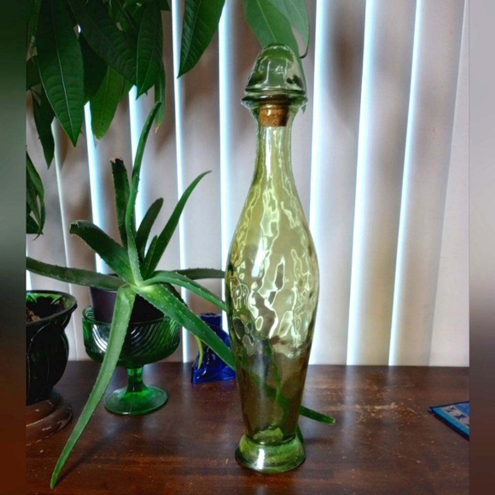 Vintage MCM Genie Bottle Olive Green Bubble Glass Tall Decanter Art Decor